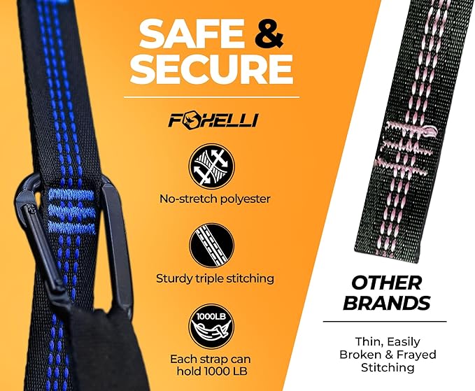 Foxelli XL Hammock Straps - Extra Long 20FT Heavy Duty No-Stretch Suspension System, 40+2 Loops, 2000 LBS Capacity, for Indoor/Outdoor Use – Set of 2 Straps & Carry Bag