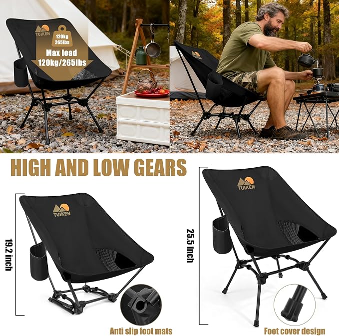 Ultralight Camping Chair Backpacking Chair, Portable Camp Chair with Cup Holder & Storage Bag, Lightweight Compact Folding Chair for Hiking, Travel, Picnic Mountaineering（Deep Black）