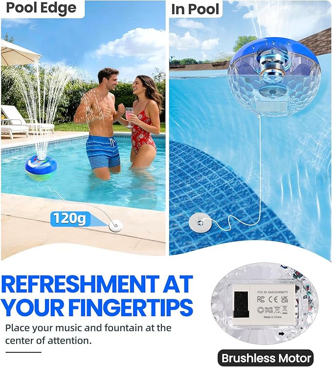 FluSing 3 in 1 Pool Fountain with Bluetooth Pool Speaker,Rechargeable Floating Pool Fountain with Light,Pool Water Fountain Pump IP68 Waterproof Pool Speaker,BT5.4,Above Ground Pool Fountain-Deep Blue