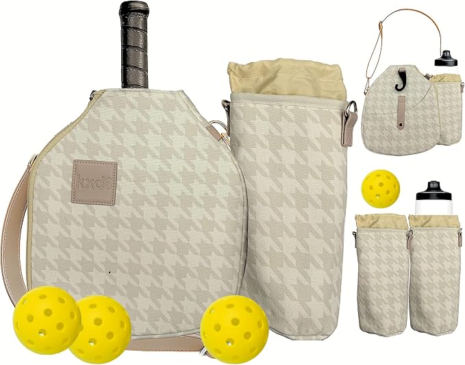 Pickleball Paddle Cover Crossbody bag with Adjustable Strap, Waterbottle holder, Ball Holder, Gifts for Women Men