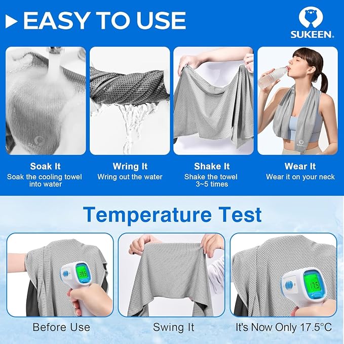 Sukeen Cooling Towels 10 Pack (40"x12"), Cooling Towels for Neck and Face, Ice Towel for Hot Weather, Gym Towel, Microfiber Sweat Towel for Gym, Yoga, Sports, Golf, Camping, Running, Fitness, Workout