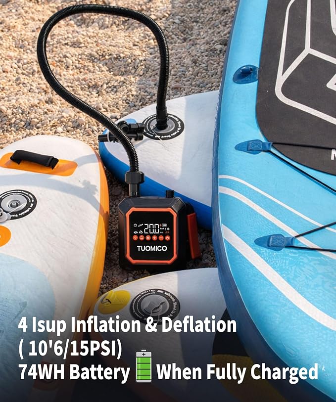 Paddle Board Electric Pump Portable Sup Air Pump with 74WH Rechargeable Battery, 20PSI Cordless Air Compressor with Auto-Off for Inflatable Paddleboard Kayak Boat Kite Wing Tent Raft Dinghy