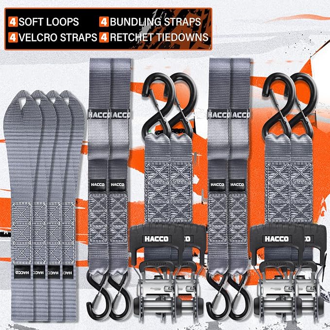 HACCOPLANET Ratchet Straps, 5280lb Break Strengeth, 1.6" Heavy Duty Ratchet Tie Down Strap Set w/Padded Handle, S Hook, Soft Loop for UTV Motorcycle Truck Cargo Straps (Grey, 8FT)
