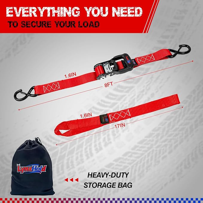 Ratchet Tie Down Straps, 5280lbs Break Strength, 1.6" x 8' Heavy Duty Ratchet Tie Down Strap Set with Padded Handles, Coated S Hook, Soft Loop for Trucks, ATV, UTV, Motorcycle, Cargo & More -Red