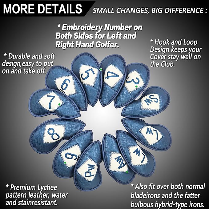 FINGER TEN Premium Synthetic Leather Stylish Iron & Wedge Golf Head Covers Value 12 Piece Set, Embroidered Labels & Fits Most Clubs Gift Set, Travel Protection Accessories