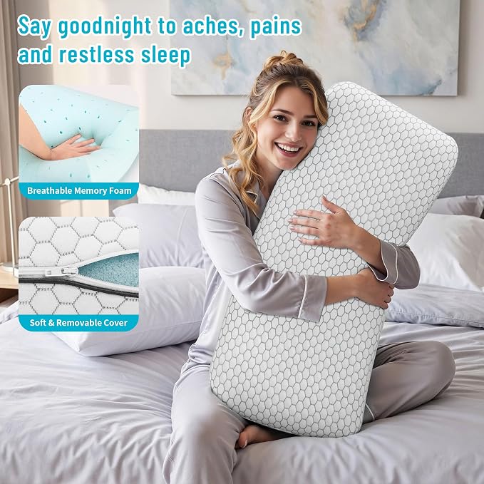 CushyOasis Memory Foam Pillows for Side, Back and Stomach Sleepers, Set of 2, Bed Pillow with Washable Cover and Breathable Mesh, Bed Pillow for Sleeping (Light Grey，King Size)