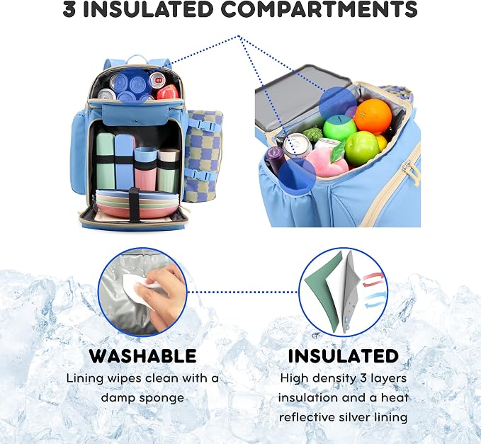 J World Picnic Backpack Cooler for 4. Insulated Picnic Basket Set with Folding Waterproof Blanket. Beach Camping Wedding Engagement Gift for Couples, Sky Blue