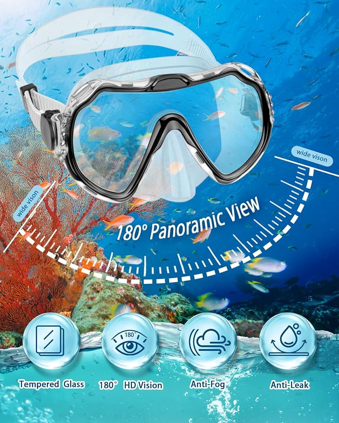 Snorkeling Gear for Adults, Adult Snorkel Set with Panoramic Anti-Leak and Anti-Fog Tempered Glass Snorkel Mask, Dry Top Snorkel, Snorkle Mask Set Adult with Mesh Bag Ear Plug for Snorkeling