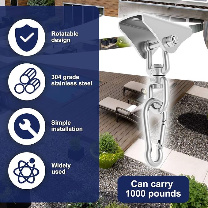 2Pcs 304 Stainless Steel Swing Hangers Heavy Duty-1000 LBS Weight Capacity,360° Rotatable Swing Hooks with Anti-Loose Nut & Wear-Resistant Washer for Ceiling,Porch Swing,Hammock,Punching Bag