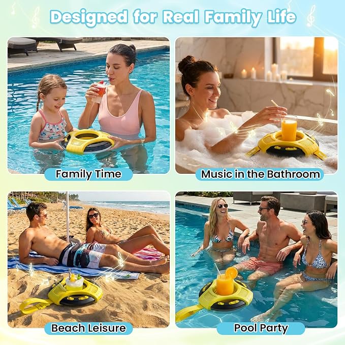 Mambobaby Float Bluetooth Speaker with Foldable Cup Holder, IPX7 Waterproof Bathroom Speaker, 360° Surround Sound, Colorful LED Lights, Dual Speakers, Ideal for Pool, Beach & Outdoor Use-Yellow Black