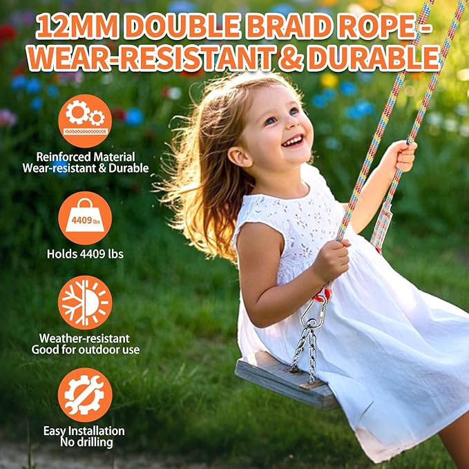 Tree Swing Ropes (Set of 2), 5FT/10FT/15FT/20FT, Tree Swing Straps Hanging Kit Holds 4400 lbs, Heavy Duty Carabiners for All Swing Hammock Playground Set Accessories (15FT)