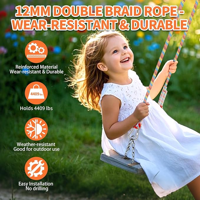 Tree Swing Ropes (Set of 2), 3FT/5FT/10FT/15FT/20FT, Tree Swing Straps Hanging Kit Holds 4400 lbs, Heavy Duty Carabiners for All Swing Hammock Playground Set Accessories (3 FT)