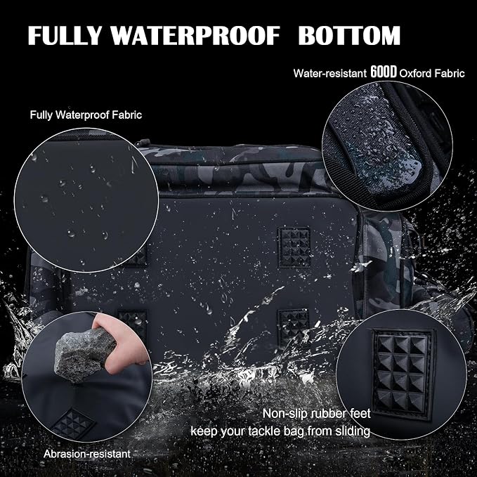 Goture Fishing Tackle Bag, Store Up to 4PCS 3700 Plus 2PCS 3600 Tackle Trays(Not Included), 600D Soft Side Gear Fishing Bag with Rod Straps,Detachable Water Bottle Pouch,Waterproof Bottom,SBS Zippers