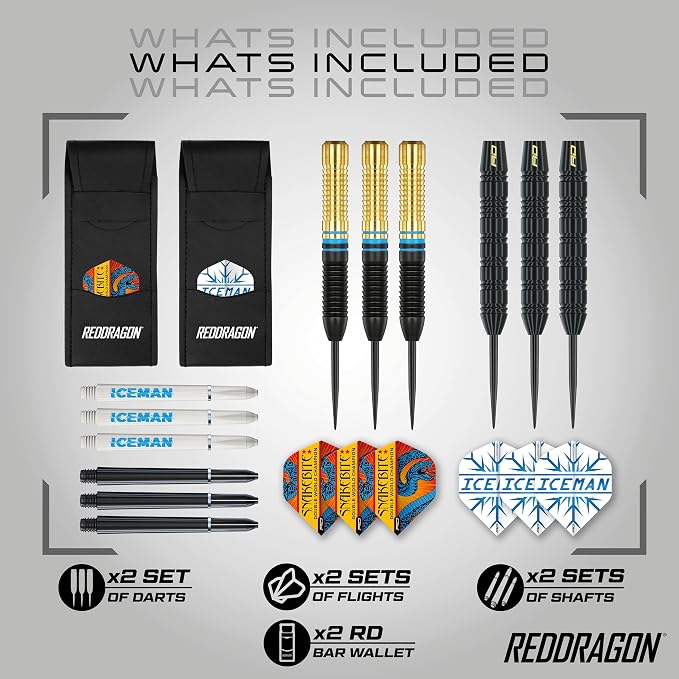 RED DRAGON Peter Wright vs Gerwyn Price Iceman Steel Tip Darts Set - ‎21g & 22g Brass Barrels for Controlled Accuracy & Grip, Flights, Shafts, Case & Checkout Card Included