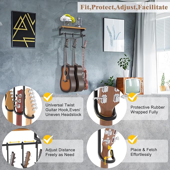 Keebofly Guitar Wall Mount Hangers Holds 3 Guitars with Rustic Shelf, 3-Detachable Guitar Hooks Universal Fit for Acoustic, Electric, Bass & Ukulele (Brown)