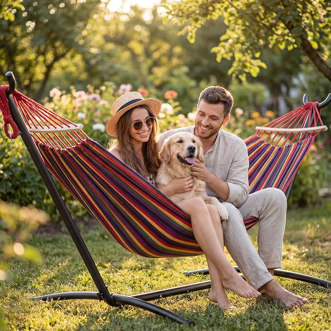 EveryFun Double Hammock with Heavy-Duty Steel Stand,Portable,Easy Assembly,600lbs Weight Capacity,Perfect for Indoor,Yard,Camping,or Outdoor-Rainbow