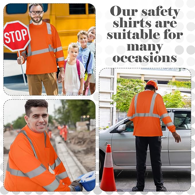 Amylove 4 Pcs Long Sleeve Safety Shirt High Visibility Reflective Construction Work Shirts for Men Women(XXXL,Orange)