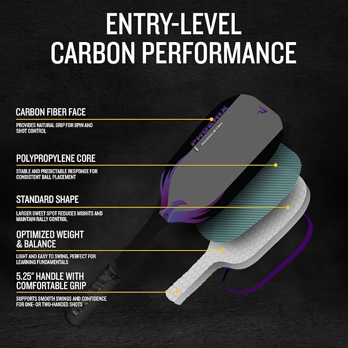 Paddletek Phoenix Genesis Carbon 14mm Pickleball Paddle – Textured Carbon Fiber Pickleball Paddle with Polypropylene Honeycomb Core – USAPA Approved – Balanced All-Court Performance – 5.25" Handle