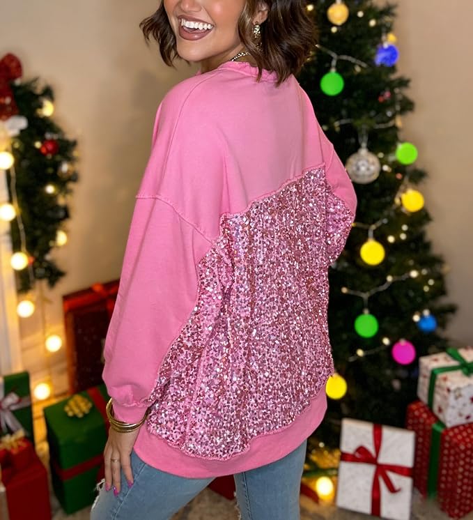 Chvity Sweatshirts for Women Sequin Patchwork High Low Hem Henley Oversize Soft Casual 2025 Fall Sweatshirt