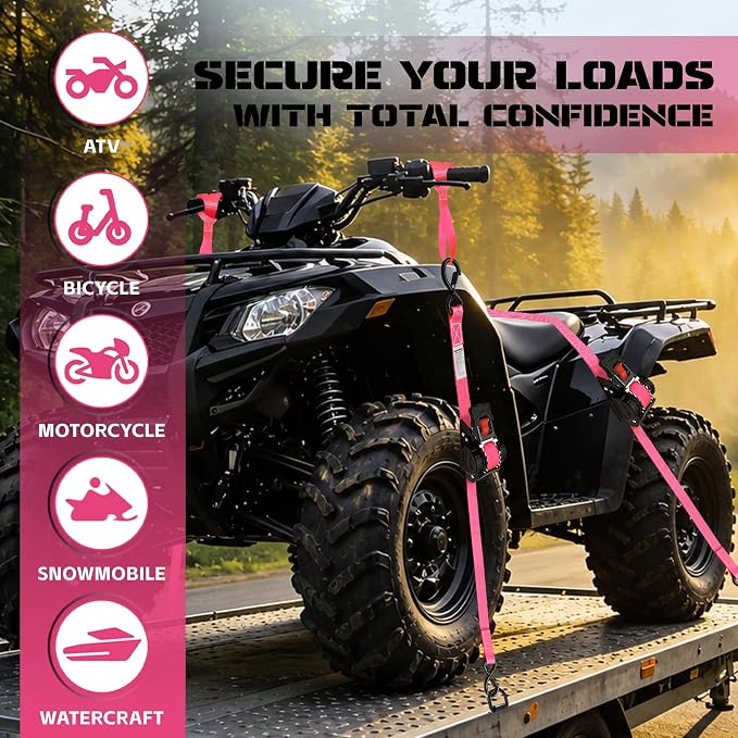 Retractable Ratchet Straps (2-Pack) - Heavy Duty Auto Slow Retraction Tie Down Straps - 1 Inch x 13 Feet (1,800lb Break Strength) for Truck, Cargo Trailer, Motorcycle, ATV, UTV - Pink