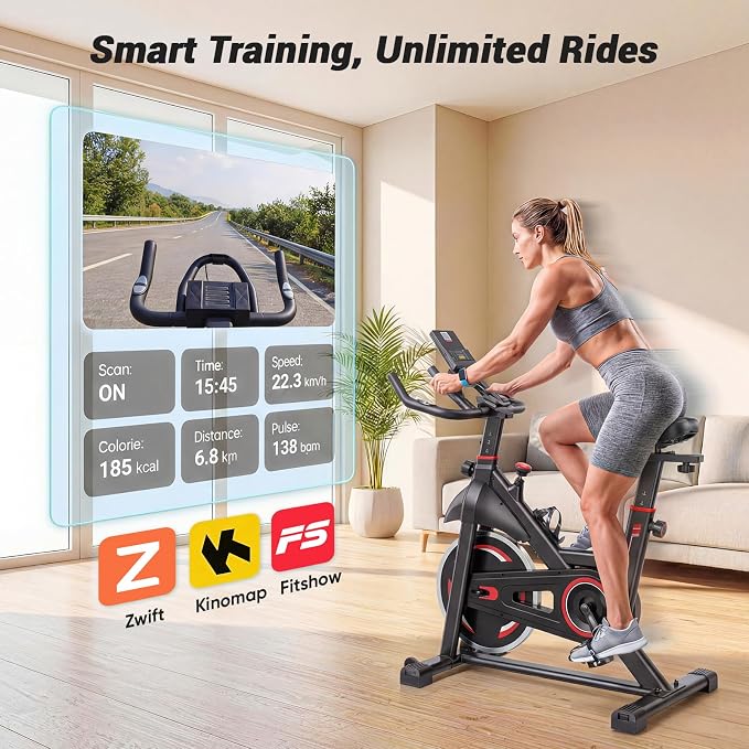 OLIXIS Exercise Bike with APP Control, Brake Pad Stationary Bikes with Quiet Magnetic Resistance, Indoor Cycling Spin Workout Bike with 300.0 lbs Weight Capacity,Orange/Red/Blue