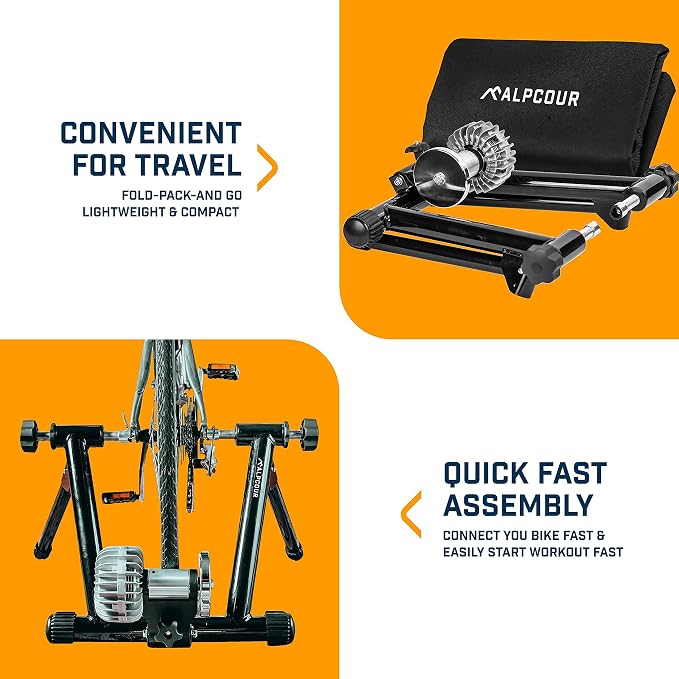 Alpcour Fluid Bike Trainer Stand for Indoor Riding – Portable Stainless Steel Indoor Trainer, Noise Reduction, Progressive Resistance, Dual-Lock System – Multipurpose Bike Trainer Mat – 36”x78”