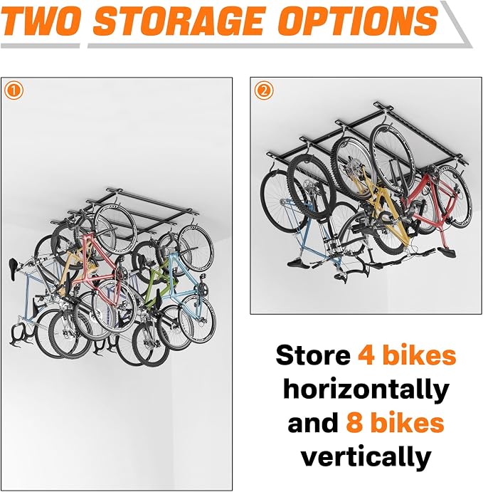 TORACK Ceiling Bike Rack for Garage, Ceiling-Mounted Bicycle Storage Hooks for 4 Bikes (Horizontal) or 8 Bikes (Vertical), Adjustable Overhead Bicycle Hooks for Mountain, Road, and Kids' Bike
