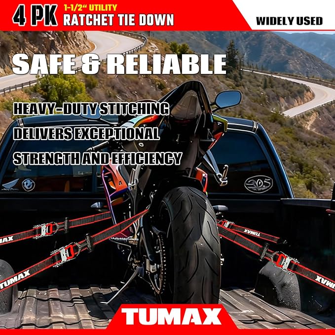 4 PK Universal Ratchet Straps Heavy Duty, 1.5" x 16 FT Tie Down Straps with Double J Hooks, 3300 lbs Break Strength, Ergonomic T-Handle & Ammo Box for Trailer, Truck, Motorcycle, ATV, UTV, Boat