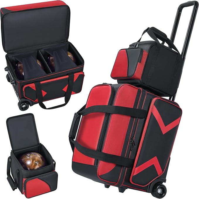 3 Ball Bowling Bag with Wheels, Rolling Bowling Bag 3 Ball Roller with Multi-pocket & Shoe Compartment (Up To US Men Size 16), 2 Ball Bowling Roller Bag PLUS 1 Ball Tote