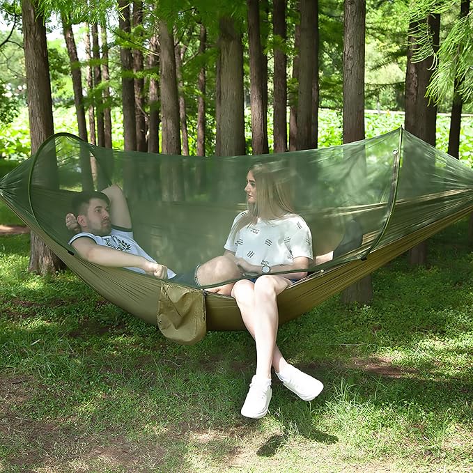 LFL Camping Hammock with Mosquito Net, Hammocks with Bug Net 13ft Tree Straps Carabiners, Automatic Quick Open Outdoor Portable Hammock with Net, Nylon Parachute Material Outside Hiking Gear (Green)