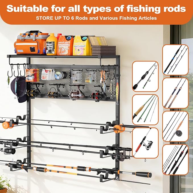 Olakee Wall Mount Fishing Rod Holders, Large Capacity Fishing Pole Holders for Garage Organizer, Horizontal Fishing Pole Rack Holds Up to 6 Rods with Pegboard & Hooks, Ideal Gift for Men Dad Anglers