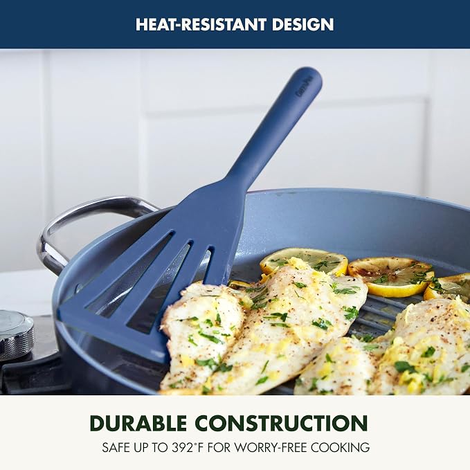 GreenPan Silicone Fish Turner Spatula, Slotted Cooking Kitchen Utensil, Flexible Rubber Nonstick Cookware, Rigid Steel Core, Heat-Resistant, Anti-Slip Handle, BPA-Free, Dishwasher Safe, Blue