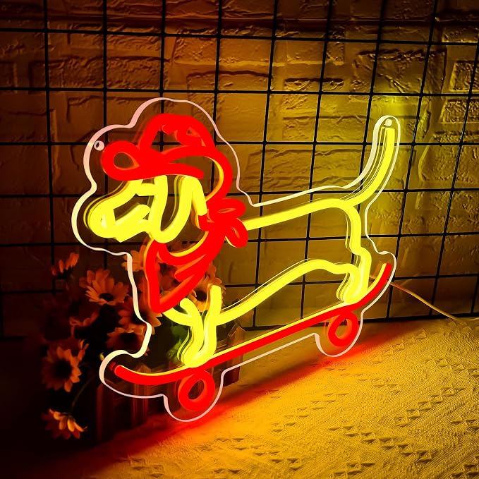 Skateboard Dachshund Neon Sign for Wall Decor Dog Neon Light for Man Cave | Dimmable Neon,Birthday Cartoon Gifts,5V USB Powered,Skateboard Club,Bar,Shop Decor, Teen Boys Bedroom Wall Art,13.8*11.4in