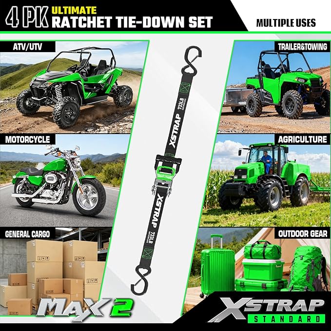 XSTRAP STANDARD 4PK Motorcycle Ratchet Straps, 1" x 15ft, 2,200 lbs Break Strength Tie Down Straps with Safety Lock S-Hooks, Soft Loop Straps and Stickers for Trucks, Cargo, Moving (Black)