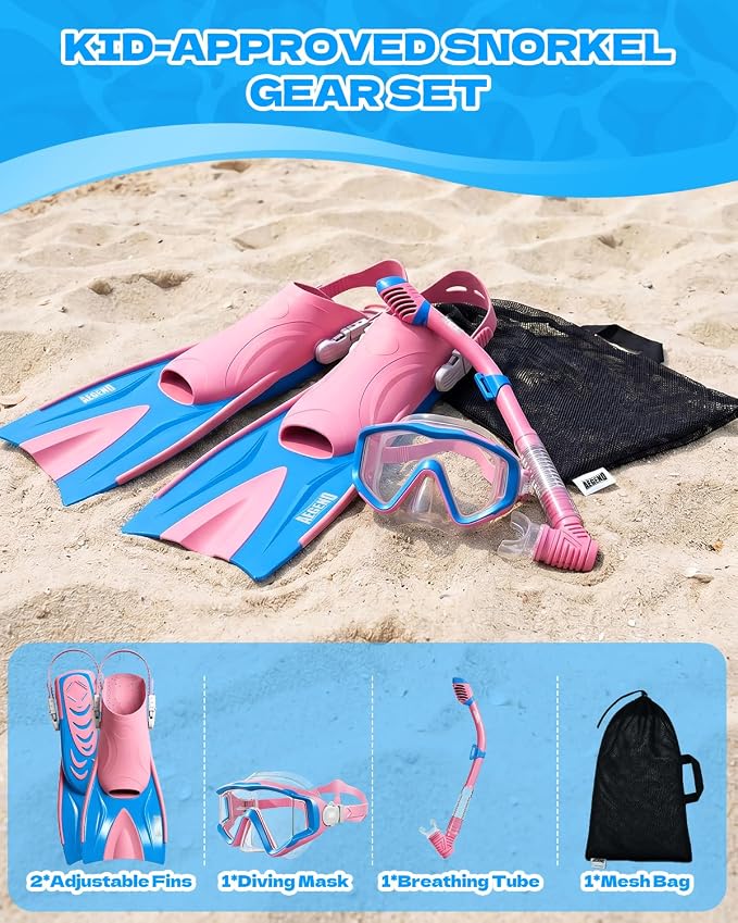 Aegend Snorkeling Gear for Kids Youth – 4-in-1 Snorkel Set with Anti-Fog Mask, Dry Snorkel & Adjustable Fins for Swimming, Diving, Snorkeling, Beach Vacation – Includes Travel Mesh Bag