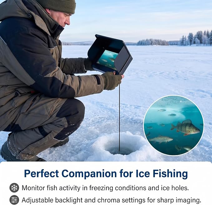 Fish Finder Underwater Fishing Camera: 5-Inch IPS Screen with 1500nit Brightness Long Battery Life 8000mAh USB Charging - IP68 Waterproof 98ft Cable for Ice Fishing Anglers