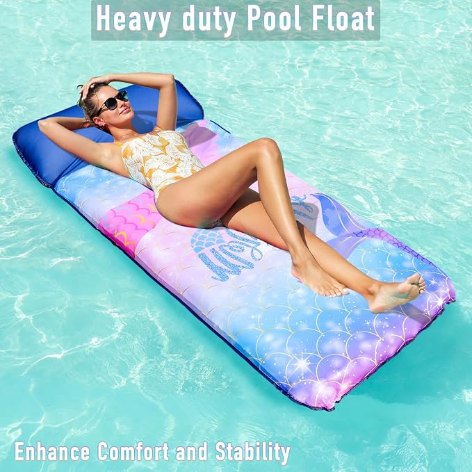 FindUWill Oversized Pool Float Lounge, 72" X 37" Extra Large Fabric-Covered Pool Floats for Adults, Inflatable Contour Lounger with Headrest Ultra-Comfort Cooling Pool Raft (XL, Monstera)