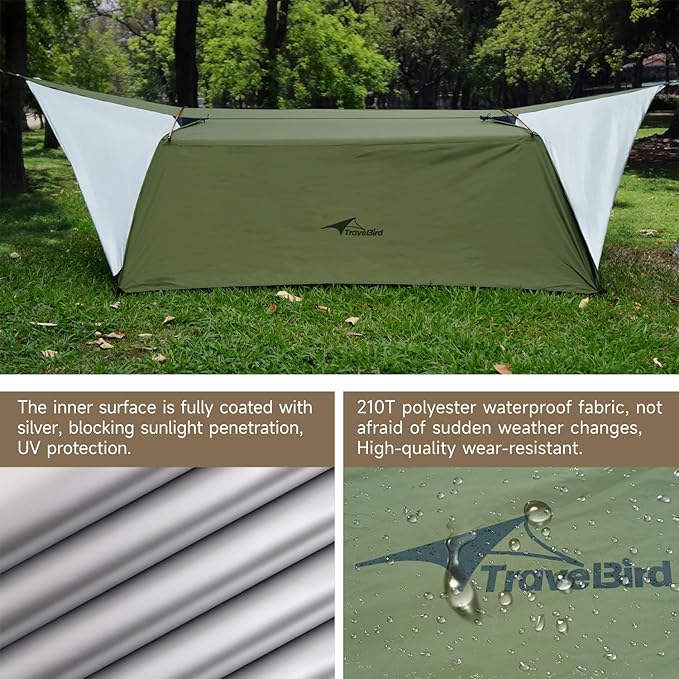 14ft Hammock Rain Fly Lightweight Waterproof Camping Tent Tarp with Doors and Dual Support Poles, Bushcraft Tarp Shelter for Backpacking Hiking Camping