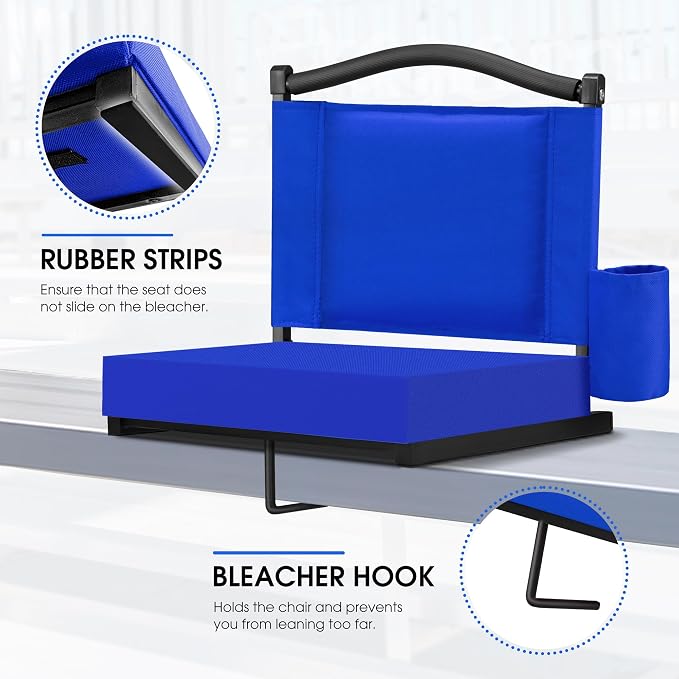 Fragess Bleacher seat, Stadium Seats with Back Support and Thick Cushion, Bleacher Chairs with Shoulder Strap and Side Pocket, Stadium Seat for Bleachers, Perfect for Sports Events(Blue)