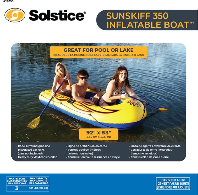 SOLSTICE Inflatable Boat Rafts 3 Person for Adults & Kids Comes W/ Pole Oar Holders Cushioned Comfortable Base Grab Line 8 Ft Size Sunskiff Kits Dinghy Air Floor Yellow