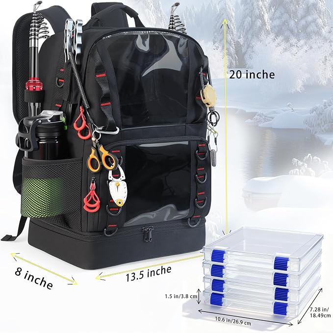 Fishing Tackle Backpack with 4 Tackle Boxes,45L Large Tackle Bag with 2 Rod Holders & Clear Window,Outdoor Fishing Backpack for Fishing,Camping,Hiking,Black