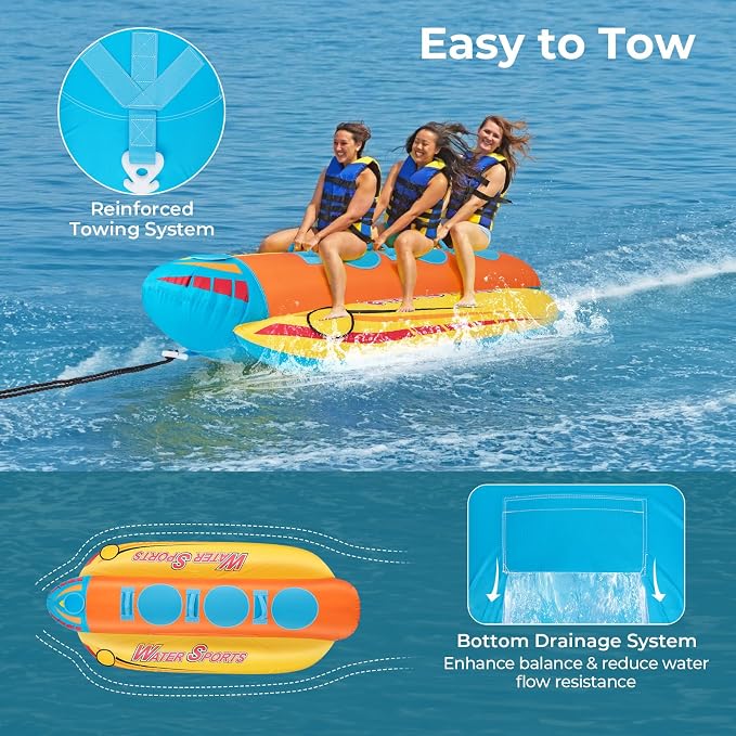 Towable Tubes for Boating, Inflatable Hot Dog Water Tube for Boat to Pull, Water Sports Banana Boat Tubes and Towables w/Double Stitched Nylon Cover, Padded Seat, Easy Grip Handles
