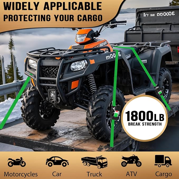 Retractable Ratchet Straps (4-Pack) - 1 in x 10 Ft (1800 LB Break Strength) Heavy Duty Self Retracting Ratchet Straps with Soft Loops & Storage Bag for Household, Motorcycle, Truck, ATV(Green)
