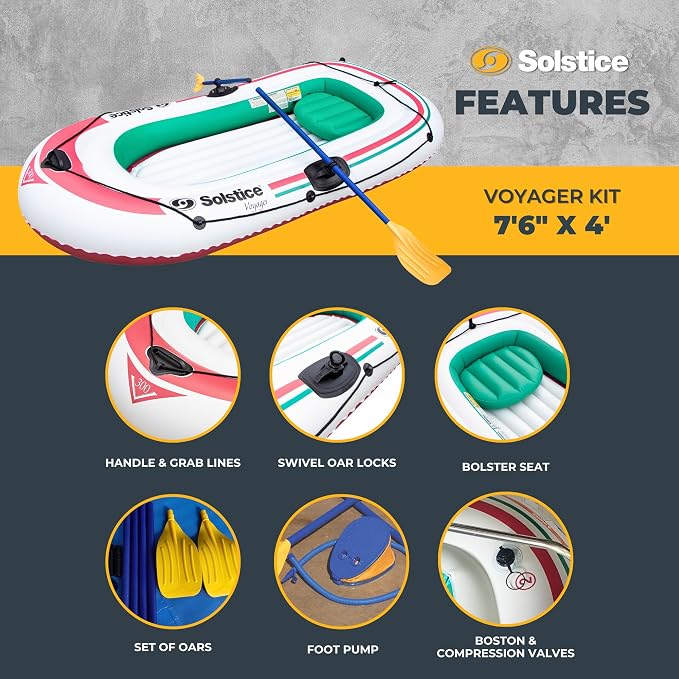 SOLSTICE Inflatable Boat for Lakes, Rivers & Beaches – Heavy-Duty Raft with Swivel Oar Locks, Grab Line & Inflatable Seat – Voyager, Full Kit Includes Oars & Pump, 3-Person, White, 7'