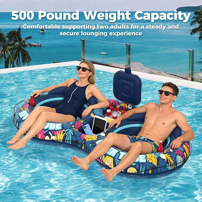 Pool Floats Adult, 2 Person River Tubes Inflatable 5-in-1 Heavy Duty River Raft with Backrests Builtin Cooler 2 Cup Holders Floating Lounge for Lake Swimming Tanning Pool Toys Summer Relaxation