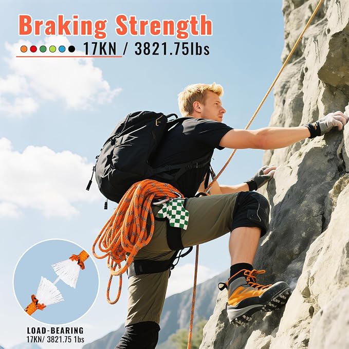 10.5mm Static Climbing Rope - 32FT Rock Climbing Rope for Adults & Kids, Outdoor Heavy Duty Rappelling Ropes for Fire Rescue, Escape, Ice Climbing, Parachute, Caving - Orange