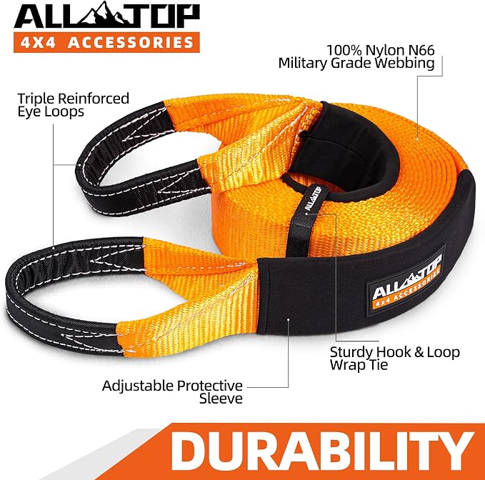 ALL-TOP Recovery Snatch Strap, 3in x 20ft - 35000Lbs, Heavy Duty 100% Nylon Kinetic Towing Recovery Strap with 22% Elongation & Reinforced Loops