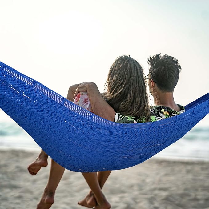 Lazy Daze Hammocks Handwoven XL Mayan Hammock, 10.5 FT Soft Rope Double Hammocks, Portable Outdoor Hammock with Carry Bag, 2 Straps & Carabiners for Patio Outside, 550 lbs Weight Capacity, Blue