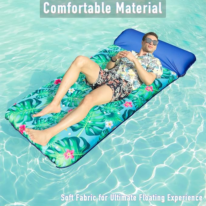 FindUWill Oversized Pool Float Lounge, 72" X 37" Extra Large Fabric-Covered Pool Floats for Adults, Inflatable Contour Lounger with Headrest Ultra-Comfort Cooling Pool Raft (XL, Monstera)