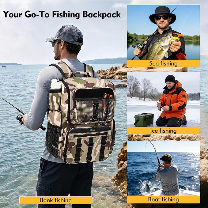 MGB 46L Fishing Tackle Backpack with 2 Rod Holders & YKK Zipper Storage Fishing Gear and Equipment, Gifts for Men Father
